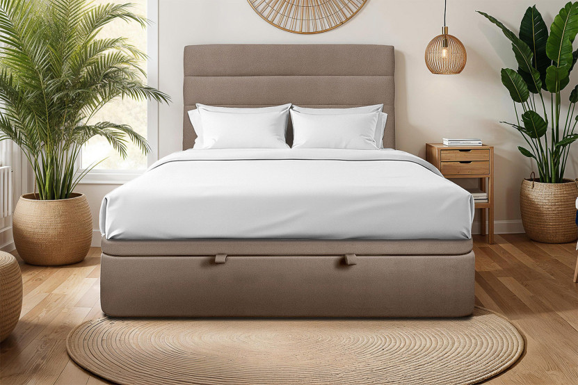 Lit coffre 180x200 cm avec Tête de lit à lignes - Tissu Velours Taupe
