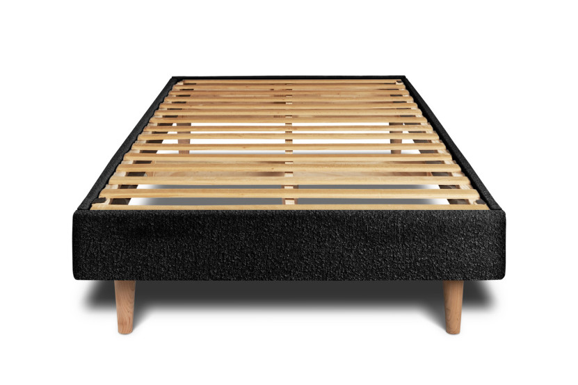 Lit 90x200 cm - Sommier à lattes H29 cm + tête de lit tapissée - Tissu Bouclette Noir