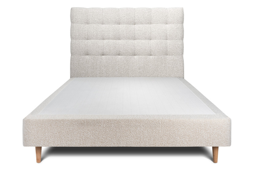 Lit 135x190 cm - Sommier tapissier H35 cm + tête de lit capitonnée - Tissu Bouclette Beige Clair