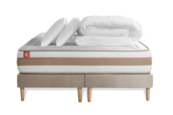 Pack lit complet 160x200 cm - Matelas + 2 Sommiers Beiges + 2 oreillers + Couette - Le Tendre