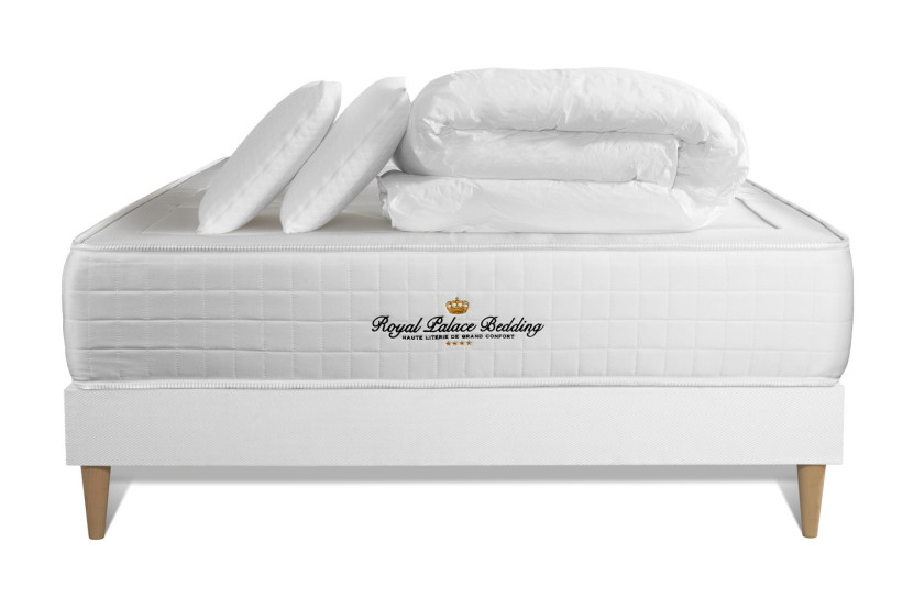 Pack lit complet 160x200 cm - Matelas + Sommier Blanc (en kit) + 2 oreillers + Couette - Windsor