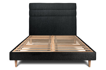 Lit 150x190 cm - Sommier à lattes H29 cm + tête de lit à lignes - Tissu Bouclette Noir