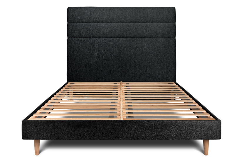 Lit 150x190 cm - Sommier à lattes H29 cm + tête de lit à lignes - Tissu Bouclette Noir