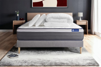 Pack lit complet 200x200 cm - Matelas + Sommier Gris (en kit) + 2 oreillers + Couette - Actilatex Plus