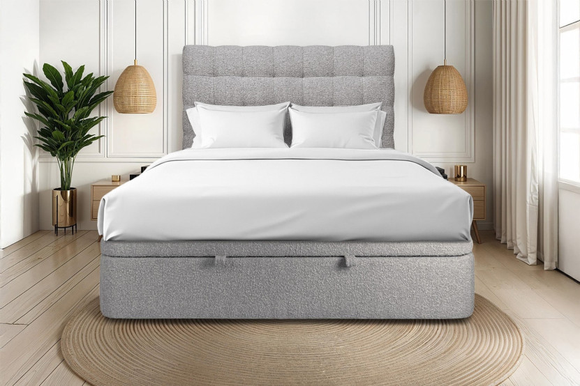 Lit coffre 140x190 cm avec Tête de lit capitonnée - Tissu Bouclette Gris