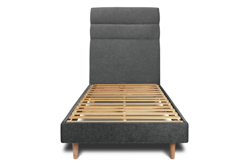Lit 90x190 cm - Sommier à lattes H29 cm + tête de lit à lignes - Tissu Toile natté Gris Anthracite