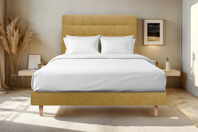 Lit 180x200 cm - Sommier à lattes H29 cm + tête de lit capitonnée - Tissu Toile natté Jaune