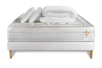 Pack lit complet 180x200 cm - Matelas + Sommier Blanc (en kit) + 2 oreillers + Couette - Vingt-Huit
