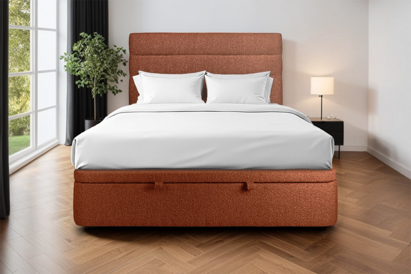 Lit coffre 180x200 cm avec Tête de lit à lignes - Tissu Bouclette Terracotta