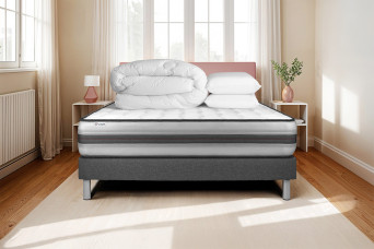 Pack lit complet 160x200 cm - Matelas + Sommier Gris (en kit) + 2 oreillers + Couette - Vitalpower Recover
