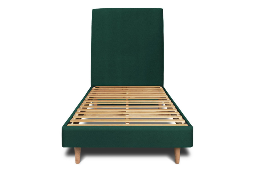 Lit 90x190 cm - Sommier à lattes H29 cm + tête de lit tapissée - Tissu Velours Vert