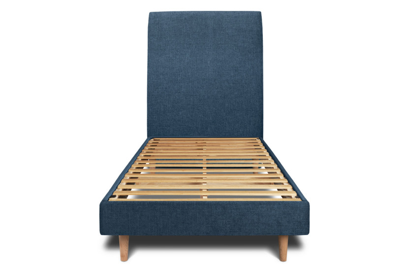 Lit 90x200 cm - Sommier à lattes H29 cm + tête de lit tapissée - Tissu Toile natté Bleu Océan