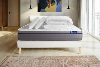 Pack lit complet 160x200 cm - Matelas + Sommier Blanc (en kit) + 2 oreillers + Couette - ActiMemo Zen