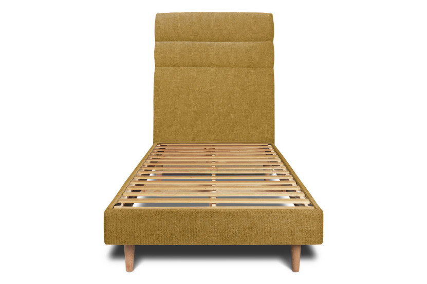 Lit 90x190 cm - Sommier à lattes H29 cm + tête de lit à lignes - Tissu Toile natté Jaune