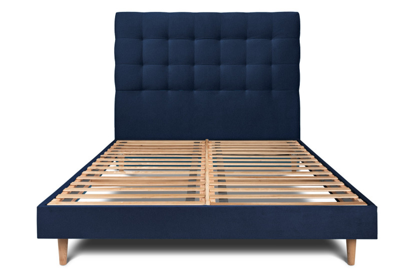 Lit 180x200 cm - Sommier à lattes H29 cm + tête de lit capitonnée - Tissu Velours Bleu Océan