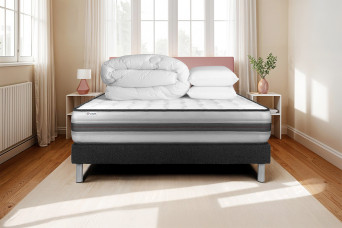 Pack lit complet 140x190 cm - Matelas + Sommier Noir (en kit) + 2 oreillers + Couette - Vitalpower Recover