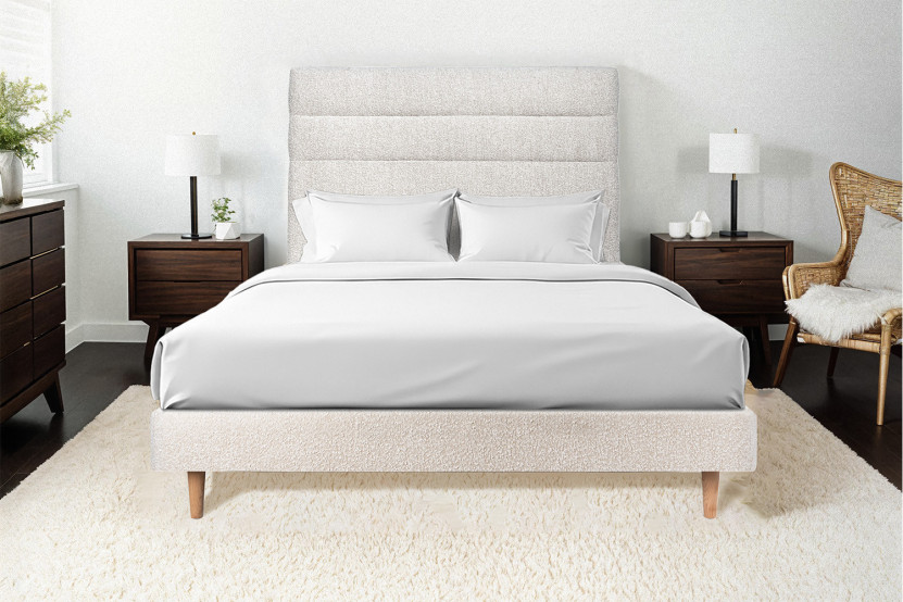 Lit 160x200 cm - Sommier tapissier H29 cm + tête de lit à lignes - Tissu Bouclette Beige Clair