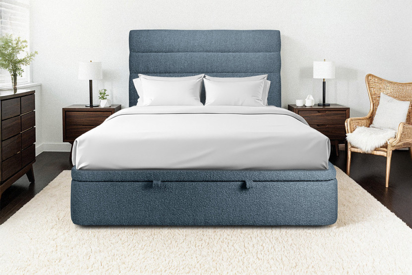 Lit coffre 180x200 cm avec Tête de lit à lignes - Tissu Bouclette Bleu