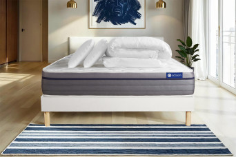 Pack lit complet 160x200 cm - Matelas + Sommier Blanc (en kit) + 2 oreillers + Couette - Actiflex Zen